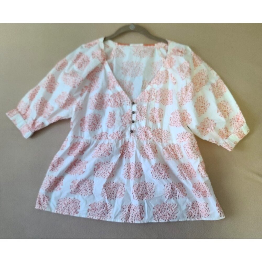 Anthopologie Moglea Danae Poplin Babydoll Blouse Sz XS White/Orange Boho NWT - Picture 2 of 12